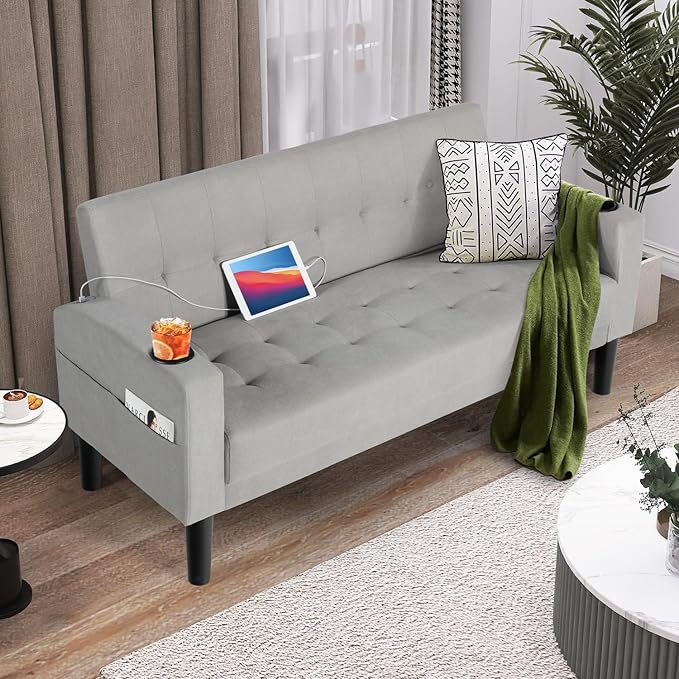 AILEEKISS 62" Loveseat Couches Upholstered Fabric Linen Love Seat Sofas Couch with 2 USB, Cup Holders, Side Pocket, Modern Tufted Sofa for Living Room, Office, Bedroom, Apartment (2-Seat, Light Grey)