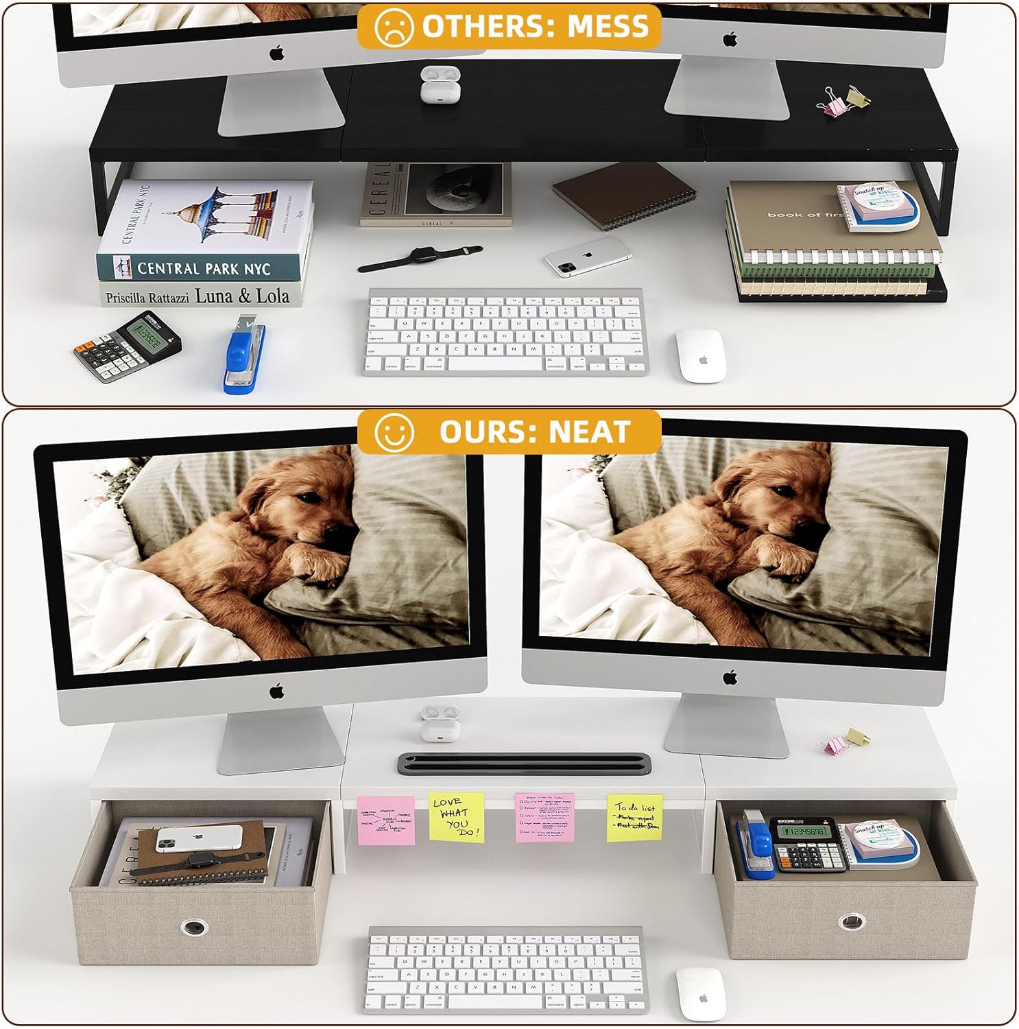 Mexin Dual Monitor Stand Riser with 2 Drawers - 39Inch Large Storage Computer Monitor Stands for 2 Monitors, Wooden Desktop Organizer Perfect for Home Office Desk, Computer, Laptop, TV, White