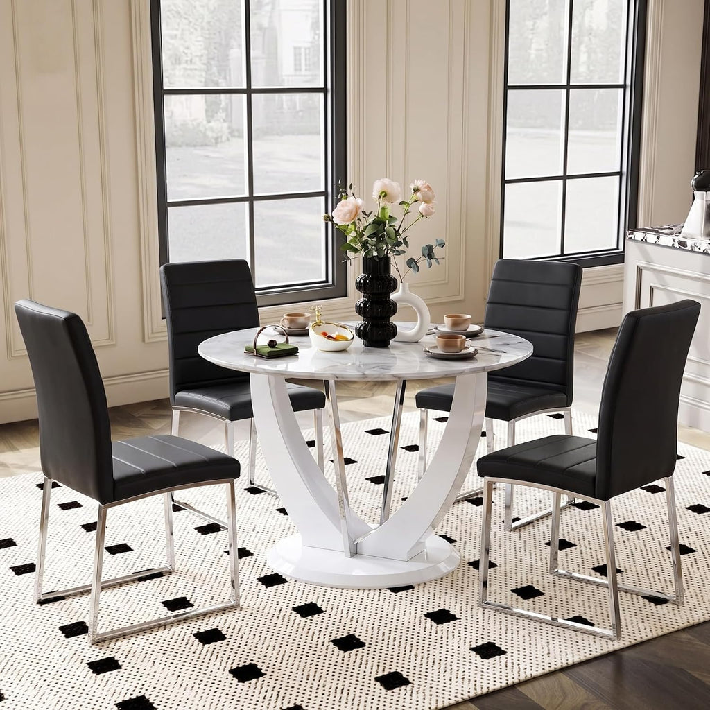 Modern 5 Piece Round Dining Table Set for 4, 47.2" White Faux Marble Kitchen Table with Black Upholstered PU Leather Chairs, Dining Room Furniture Set for Apartment, Breakfast Nook, Small Space