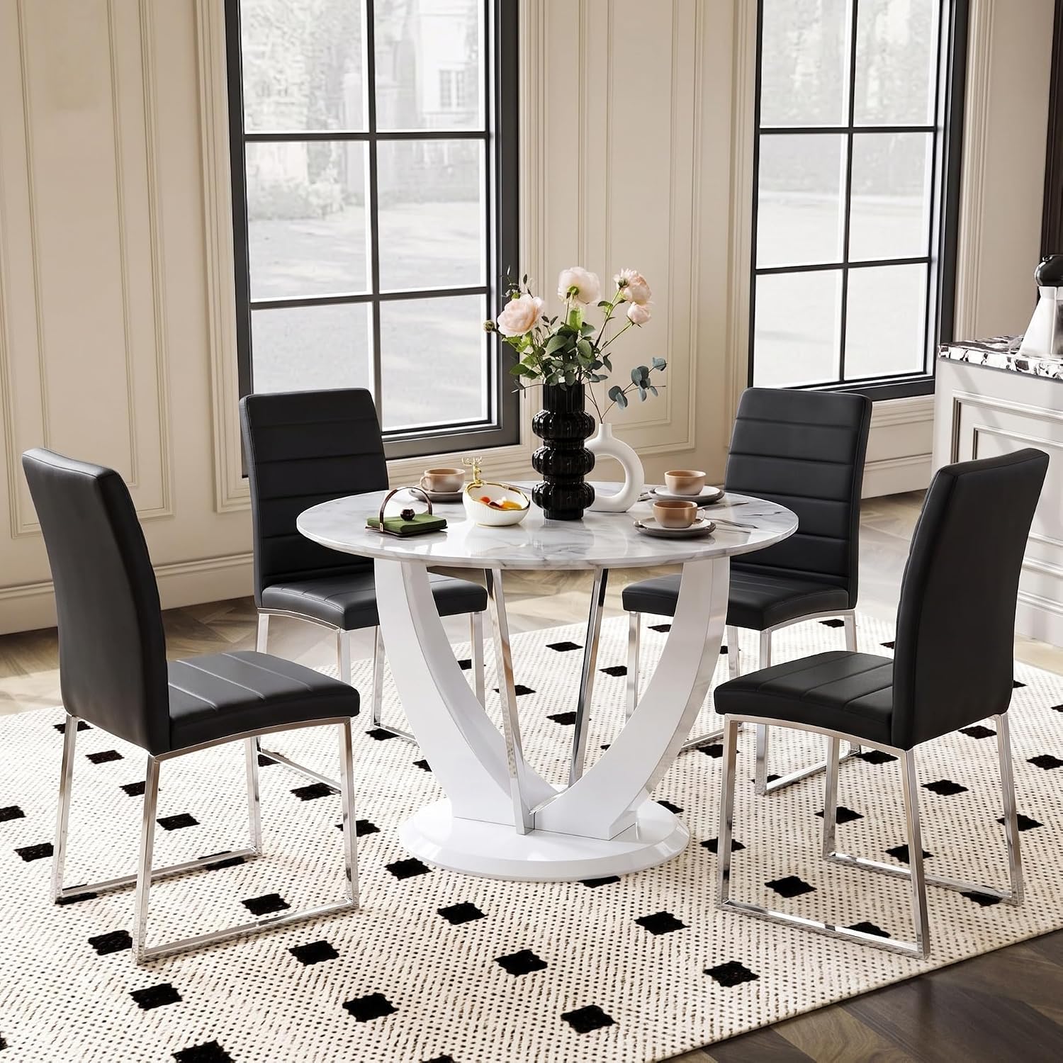 Modern 5 Piece Round Dining Table Set for 4, 47.2" White Faux Marble Kitchen Table with Black Upholstered PU Leather Chairs, Dining Room Furniture Set for Apartment, Breakfast Nook, Small Space
