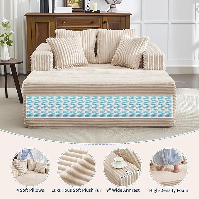 54.3"W Oversized Chaise Lounge Chair Indoor, Boneless Corduroy Sleeper Sofa Bed with 4 Pillows, Armrests, Comfy Fluffy Reading Couch, No Assembly Required Cloud Sofa for Living Room, Bedroom, Office
