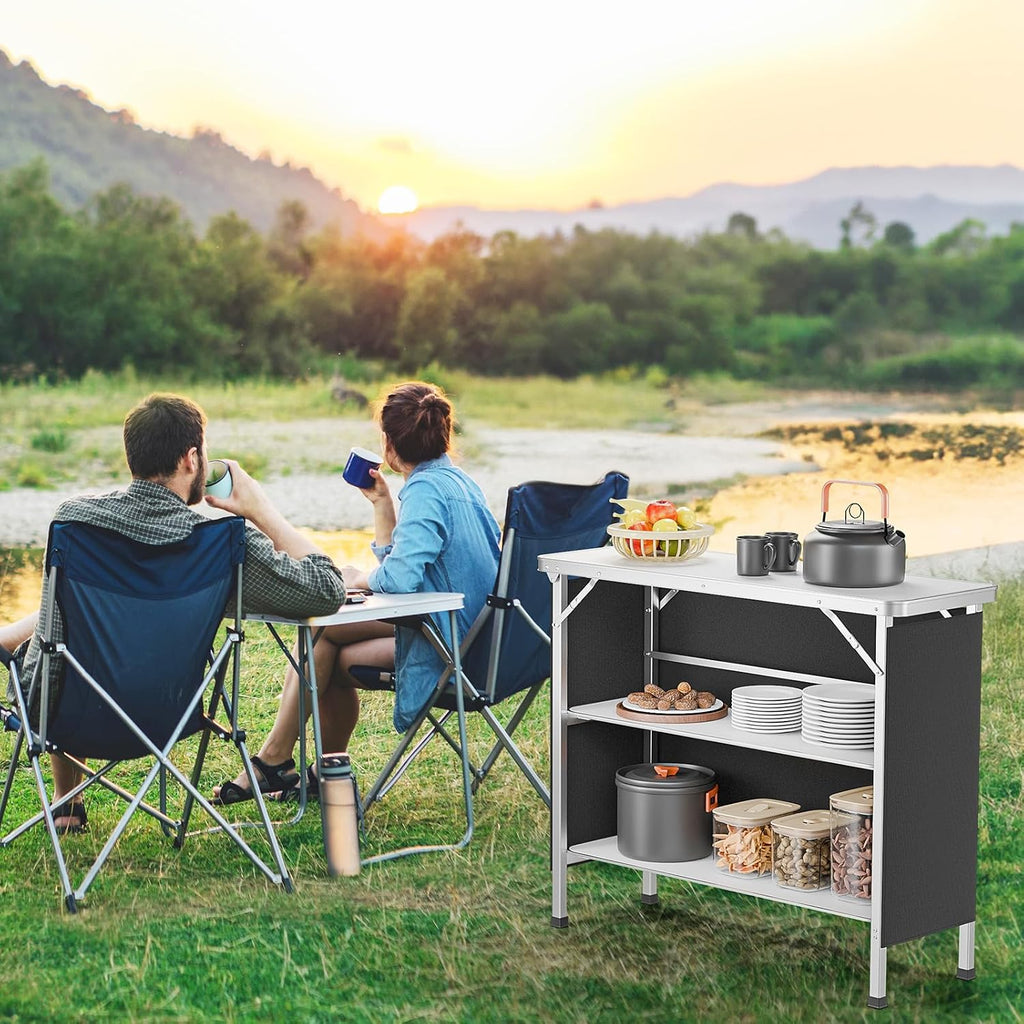 VINGLI Portable Bar Table, 3-Tier Shelves, Mobile Bar Table for Events, Party, Camping, Picnic, Tradeshow, Indoor with Black Skirt, 39 "L x 34" H