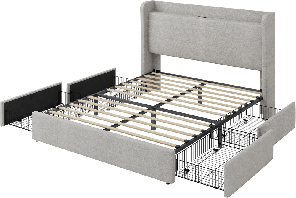SHA CERLIN Queen Size Storage Bed Frame with 4 Oversized Drawers, Modern Wing...