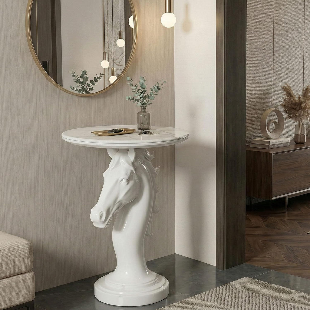 Modern Horse Statue Side Table - Round Faux Marble Top Accent Pedestal with Sculpture Base for Entryway & Living Room, White