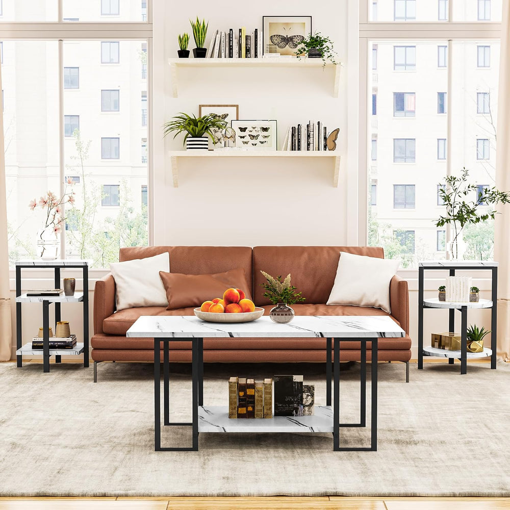 Lamerge Coffee Table Set of 3,Rectangle Coffee Table&2 Accent Table,Faux ...