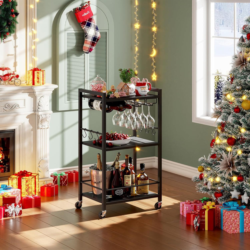 TUTOTAK Bar Cart with Wheels, Mini Drink Cart with Wine Rack & Glass Hold...