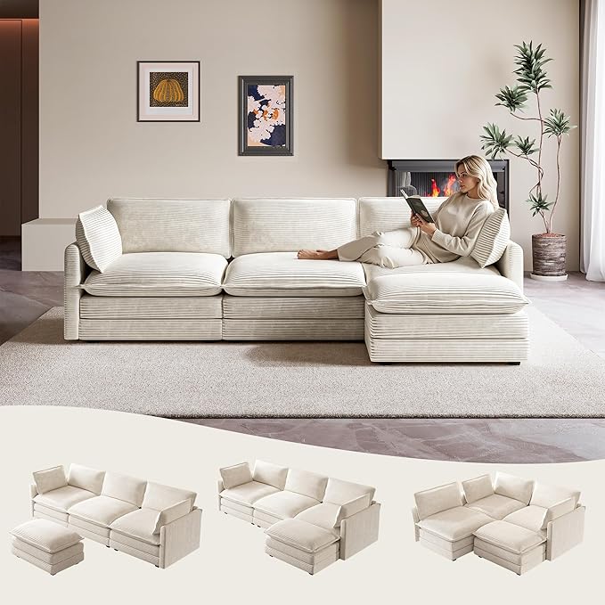 ROWHY 104'' Modular Sectional Cloud Couch with Movable Ottoman, 4 Seat Modern Corduroy Sofa, Deep Seat L Shaped Couch for Living Room Bedroom Apartment, Beige | Premium Corduroy, Washable Covers, Arrange Freedom, Sturdy Frame, Movable Ottoman, Deep Seat