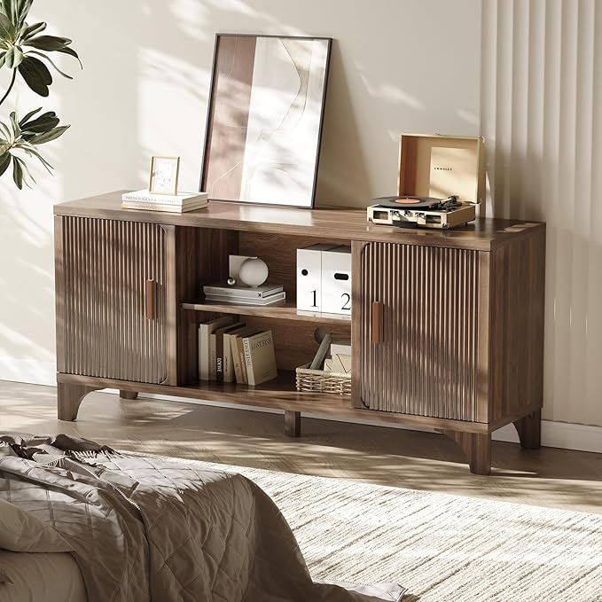 Tall Mid Century Modern TV Stands for 55/60/65 Inch TV Boho Media Console for Living Room Fluted TV Entertainment Center with Storage Wood Television Cabinet for Bedroom