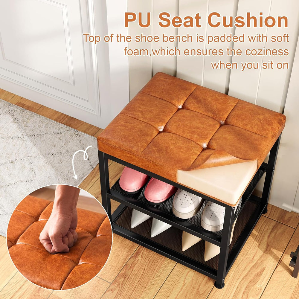 Small Shoe Storage Bench with PU Leather Seat Cushion, 3-Tier Freestanding Sh...