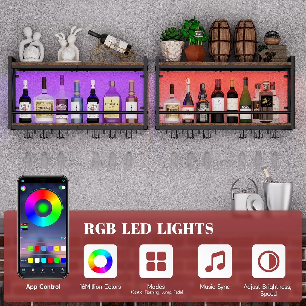 Shikha LED Wall Mounted Wine Rack with Glass Holder for Home Bar Kitchen | 31.4 Inch Retro Hanging Wine Display Shelf with RGB LED Lights, Stemware Holder, 2 Tier Wood-Metal Wine Bottle Storage Rack