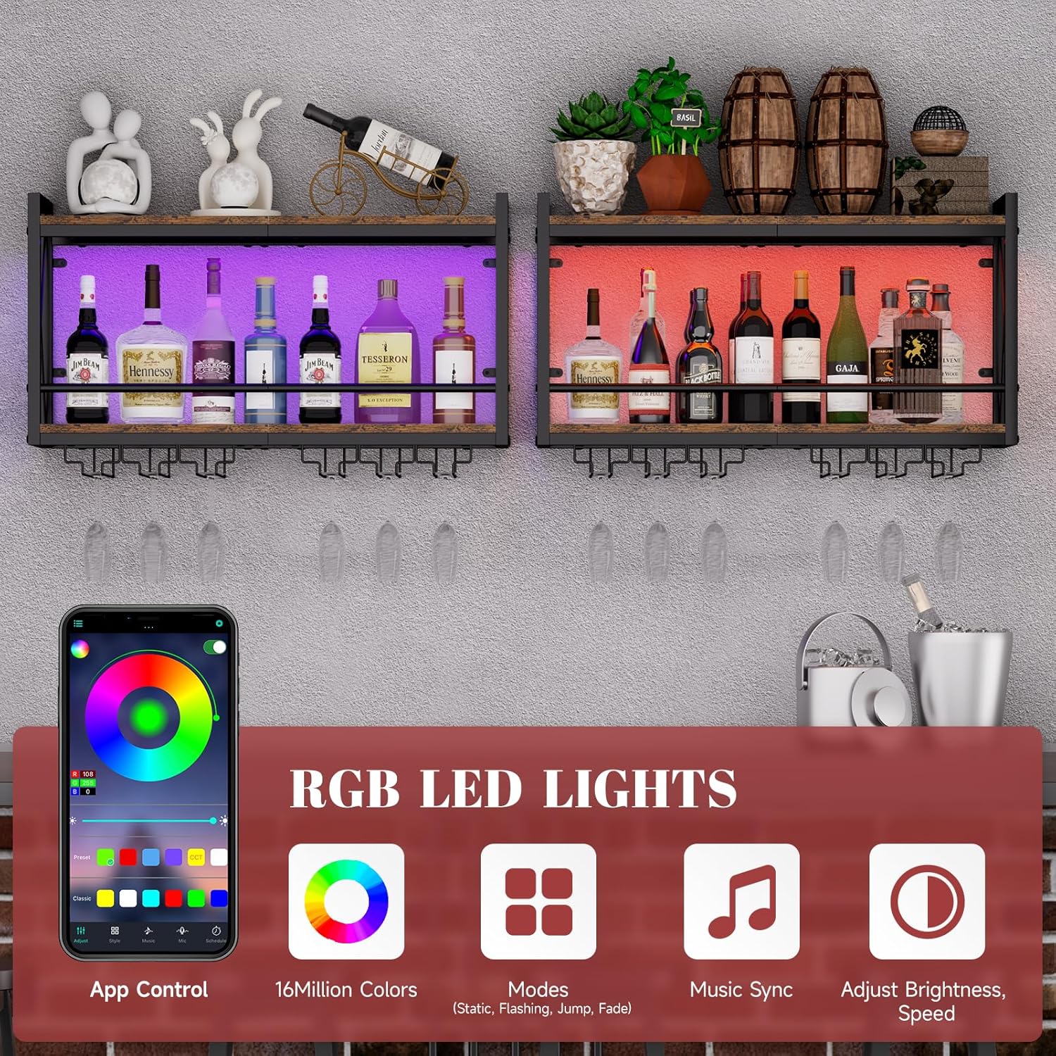 Shikha LED Wall Mounted Wine Rack with Glass Holder for Home Bar Kitchen | 31.4 Inch Retro Hanging Wine Display Shelf with RGB LED Lights, Stemware Holder, 2 Tier Wood-Metal Wine Bottle Storage Rack