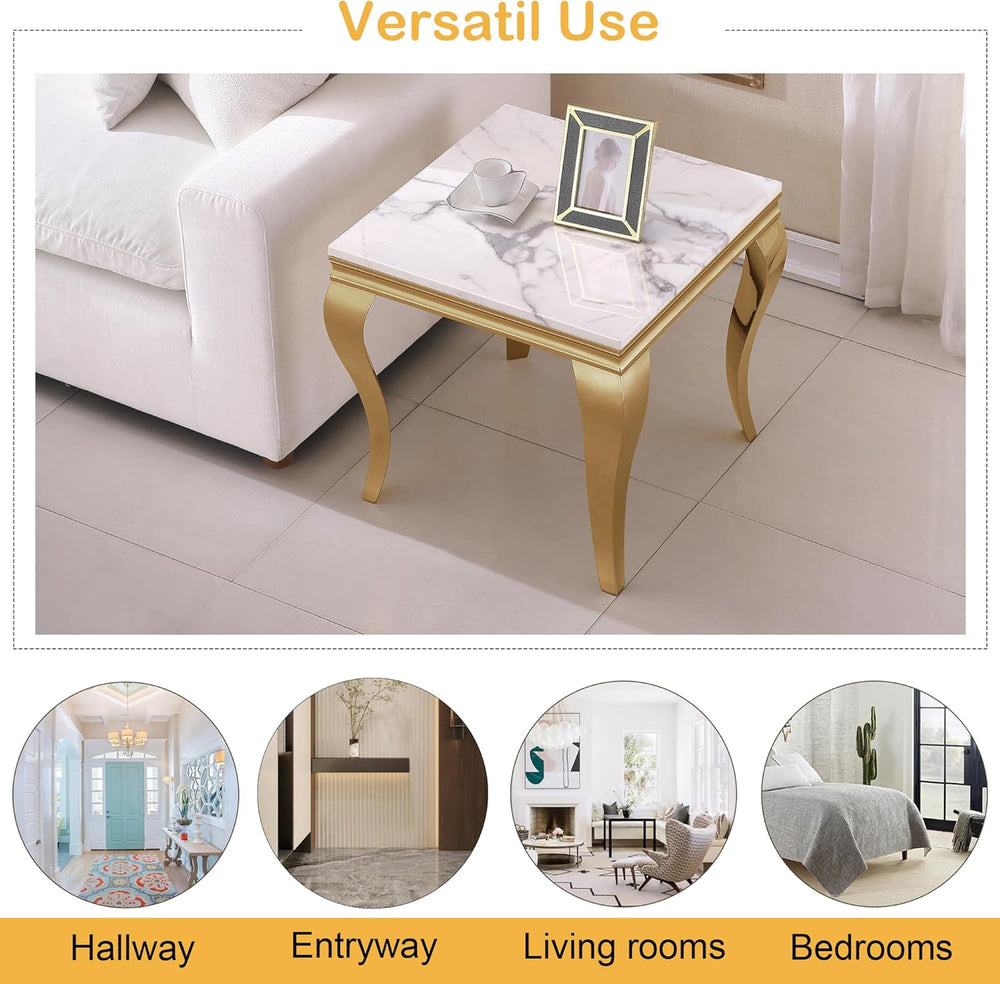 Marble End Table, Modern White Faux Marble Sofa Side Table with Gold Stainles...