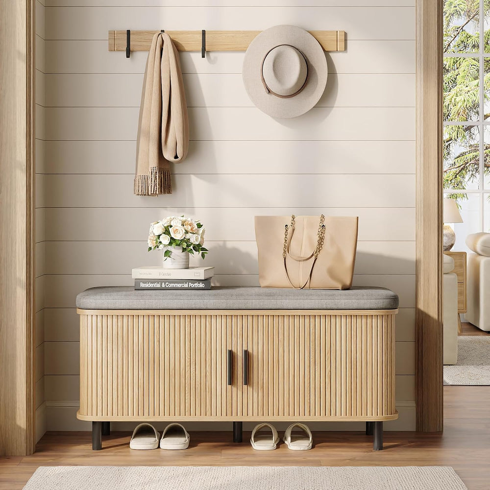 Maupvit Shoe Storage Bench with Smooth Fluted Sliding Doors, 2 Tier Hidden Sh...