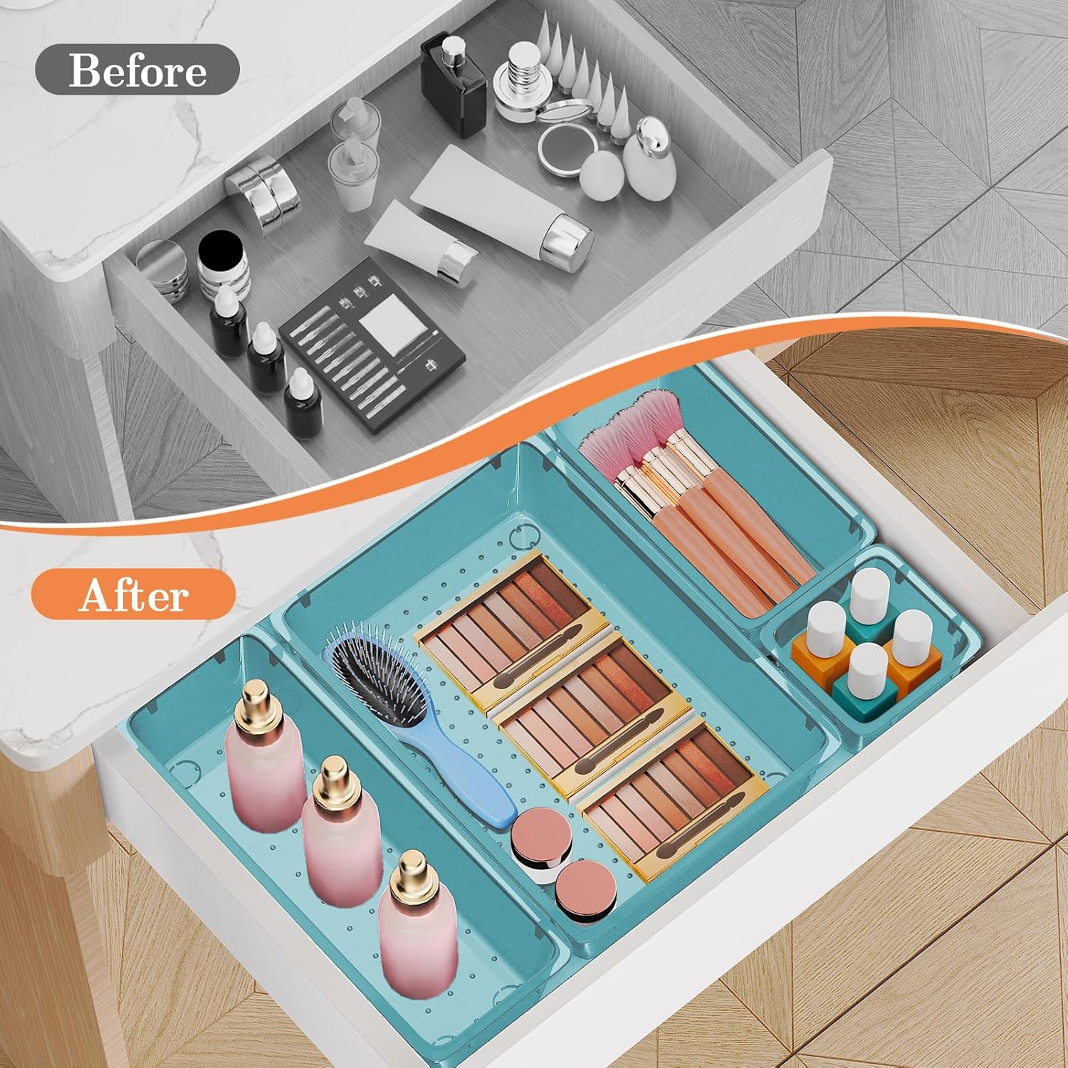 25 PCS Plastic Drawer Organizer Set, 4-Size Versatile Organizer Trays & storage Bins for Makeup, Jewelry, and Gadgets in Bathroom, Bedroom and Office, Sea Blue