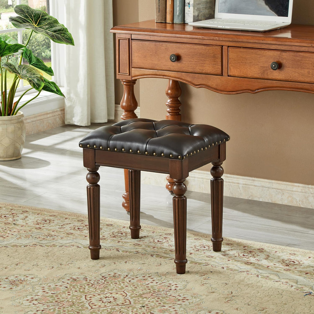 LOFFBOM Vanity Bench Seat, Solid Wood Vintage Vanity Stool (Dark Brown) | Sol...