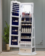 Full-Length Mirror Jewelry Cabinet Standing, 360° Swivel Jewelry Armoire with Mirror and LED Lights, Built in Mirror & Large Storage Shelves & Drawer, White
