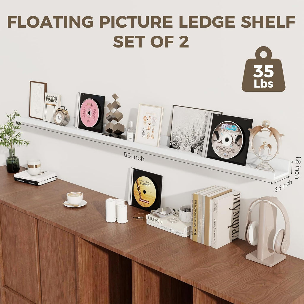Axeman White Floating Shelves - 55 Inch Picture Ledge Shelf Set of 2 - Floating Wall Shelves with Lip - Picture Shelf for Wall with Ledge - Photo Ledge Shelves