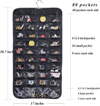 Cemueo Hanging Jewelry Organizer, Double Sided 80 Pocket Jewelry Chain Storage Bag 2 Layer of Fabric Jewelry Organizer Holder for Necklace Bracelet Earring Ring Chain Knitting Tool-Black