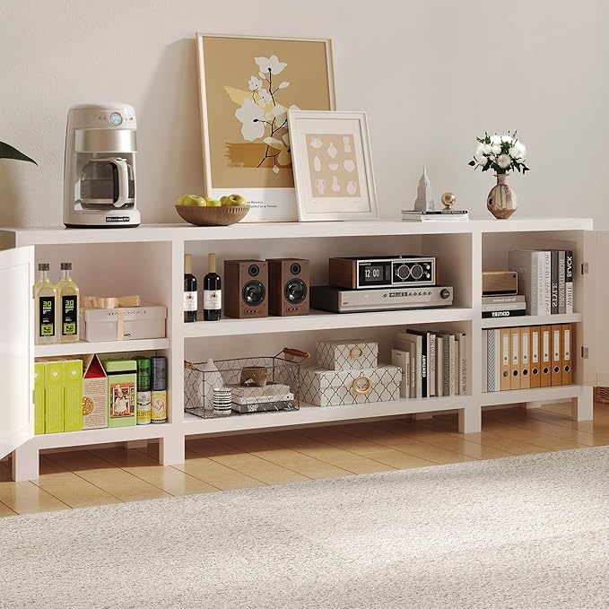 94" W Entertainment Center with Bookshelves & Storage, Large Wall Unit TV Stand for TVs up to 70", Modern White Wood Media Console with Power Hub for Living Room (White)
