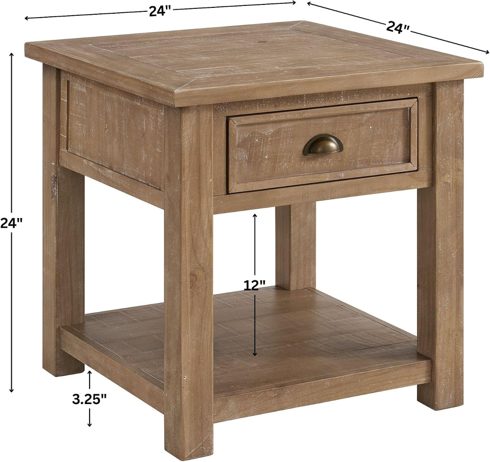 Monterey Farmhouse Rustic End Table, Solid Pine Wood Coastal Side Table with ...