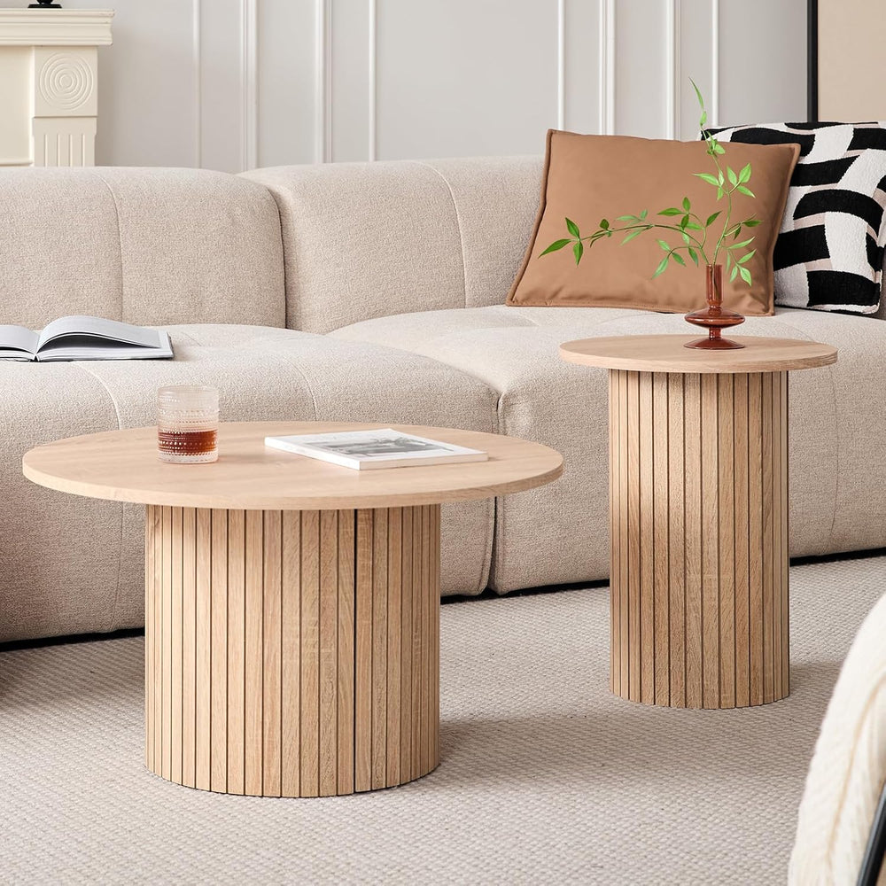 Round Nesting Coffee Tables for Living Room, Set of 2, Natural | φ27.6 + φ15....