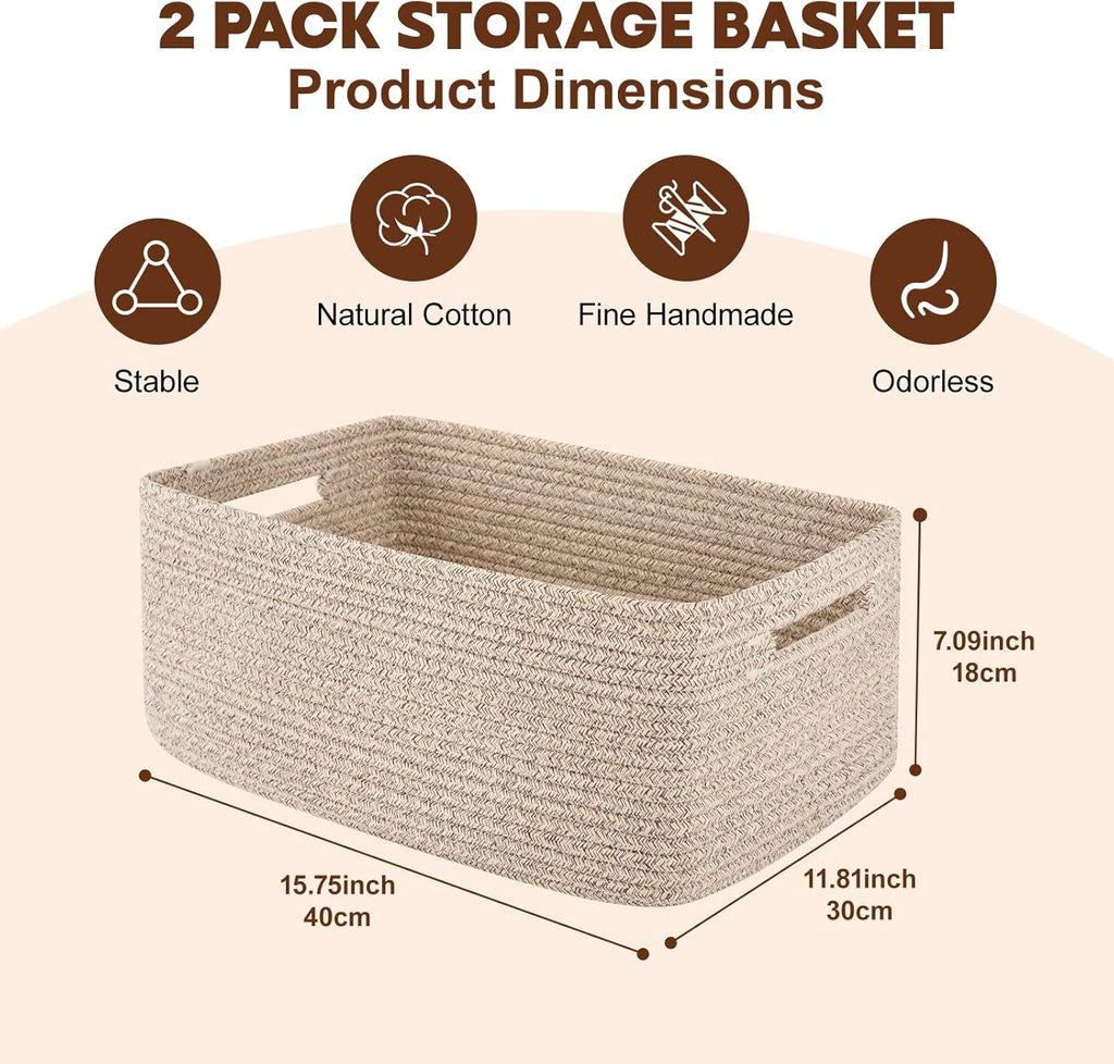 OIAHOMY Storage Basket for Shelves, Closet Cube Storage Bins Baskets for Clothes Blanket Towels, Baby Nursery, Toy Box, Woven Rope Basket, 15.75*11.81*7.09 IN, 2 Packs Brown