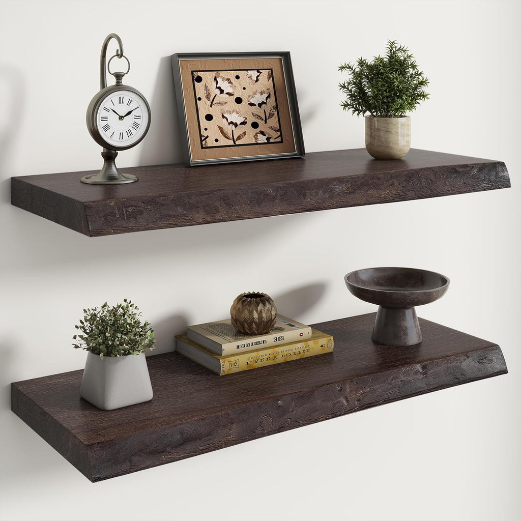 RICHFOCUS Live Edge Elm Floating Shelves - 30" W x 9.3" D Rustic Solid Wood Wall Shelves with Invisible Bracket, Wall-Mounted for Living Room, Bedroom, Kitchen Storage & Display, Set of 2, Walnut