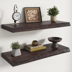 RICHFOCUS Live Edge Elm Floating Shelves - 30" W x 9.3" D Rustic Solid Wood Wall Shelves with Invisible Bracket, Wall-Mounted for Living Room, Bedroom, Kitchen Storage & Display, Set of 2, Walnut