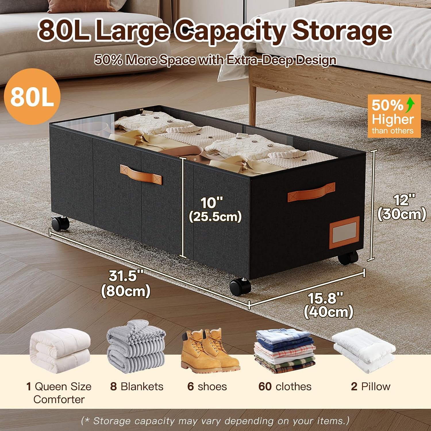 Under Bed Storage with Wheels, 12" Height Under Bed Storage Extra Deep Under Bed Storage Containers, Perfect for 14'' Bed Frame, No Assemble Metal Rolling Underbed Storage for Clothes Shoes Blankets