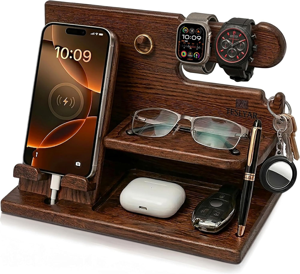 TESLYAR Wood Phone Docking Station for Men - Desk or Nightstand Organizer - B...