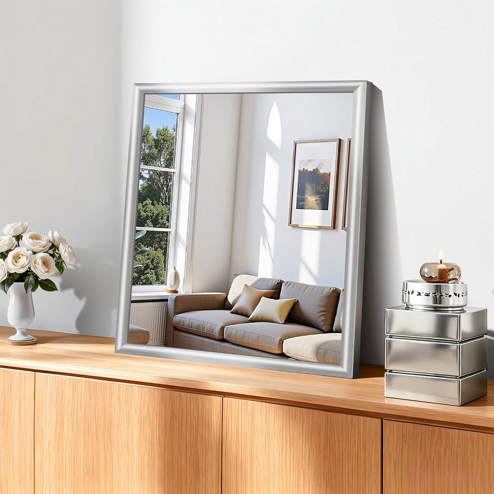 20x24 Inch Brushed Silver Bathroom Mirror, Raised Metal Framed Bathroom Vanit...