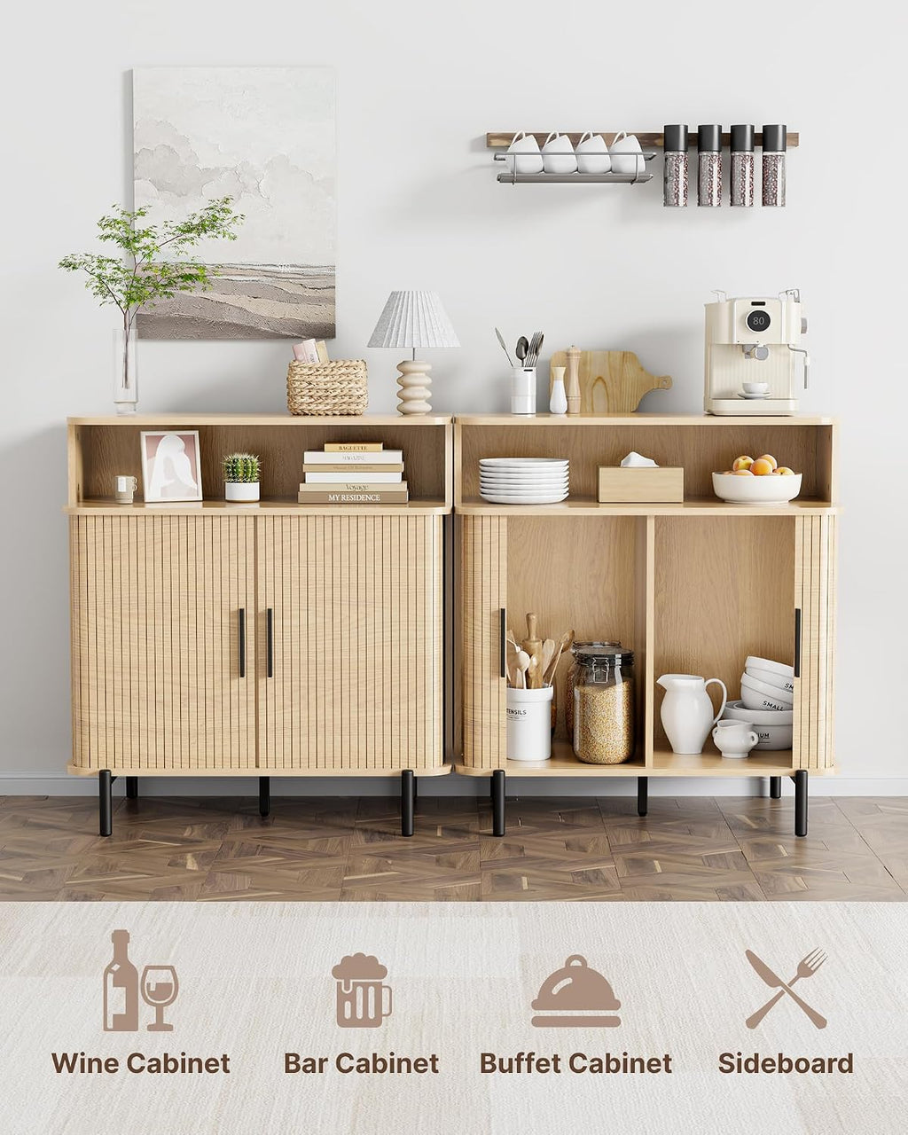 SUNCOZE Buffet Sideboard Cabinet with Big Storage Space Set of 2, Fluted Coffee Bar Cabinet with Shelves, Modern Wood Console Cabinet for Kitchen, Entryway & Living Room (Wood)