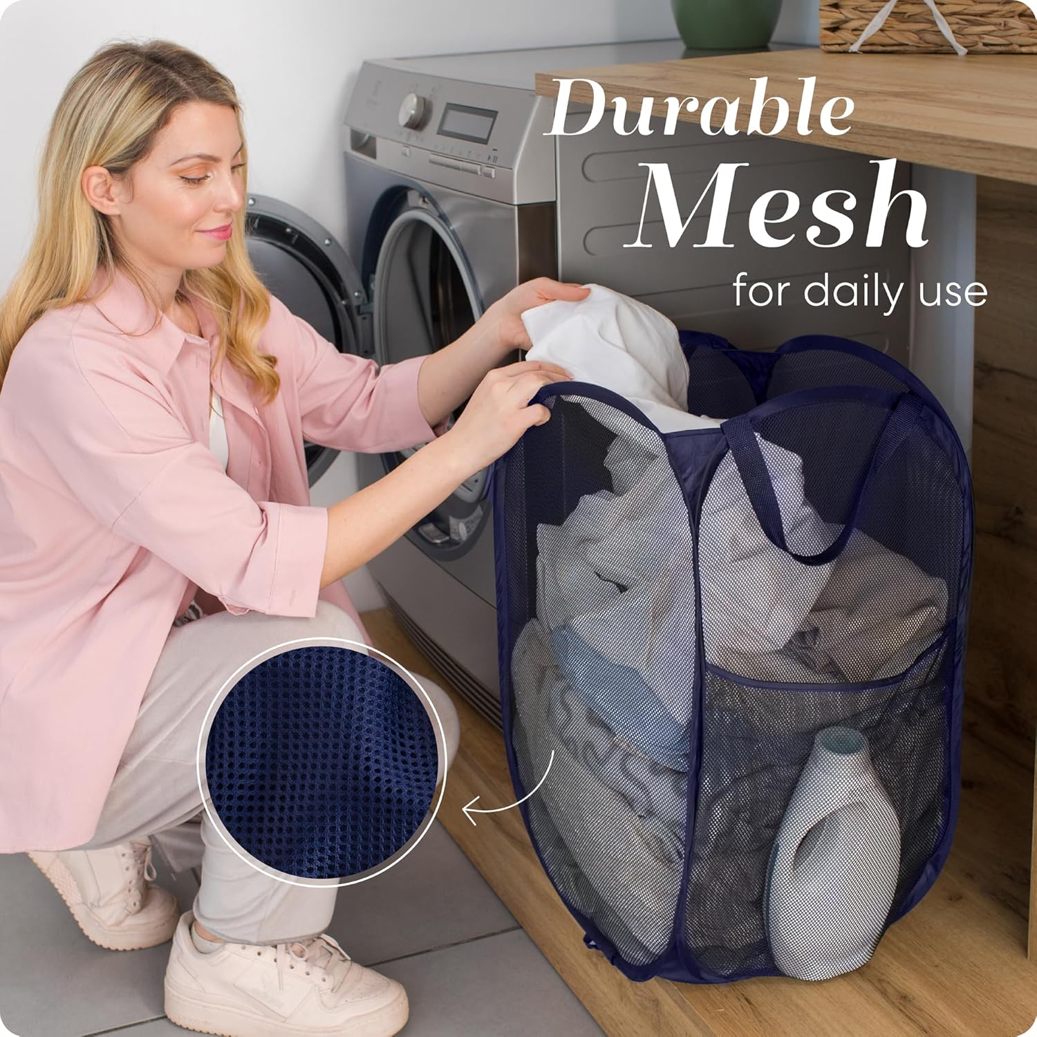 Handy Laundry Collapsible Mesh Foldable Hamper 14" x 14' x 24" Navy Blue