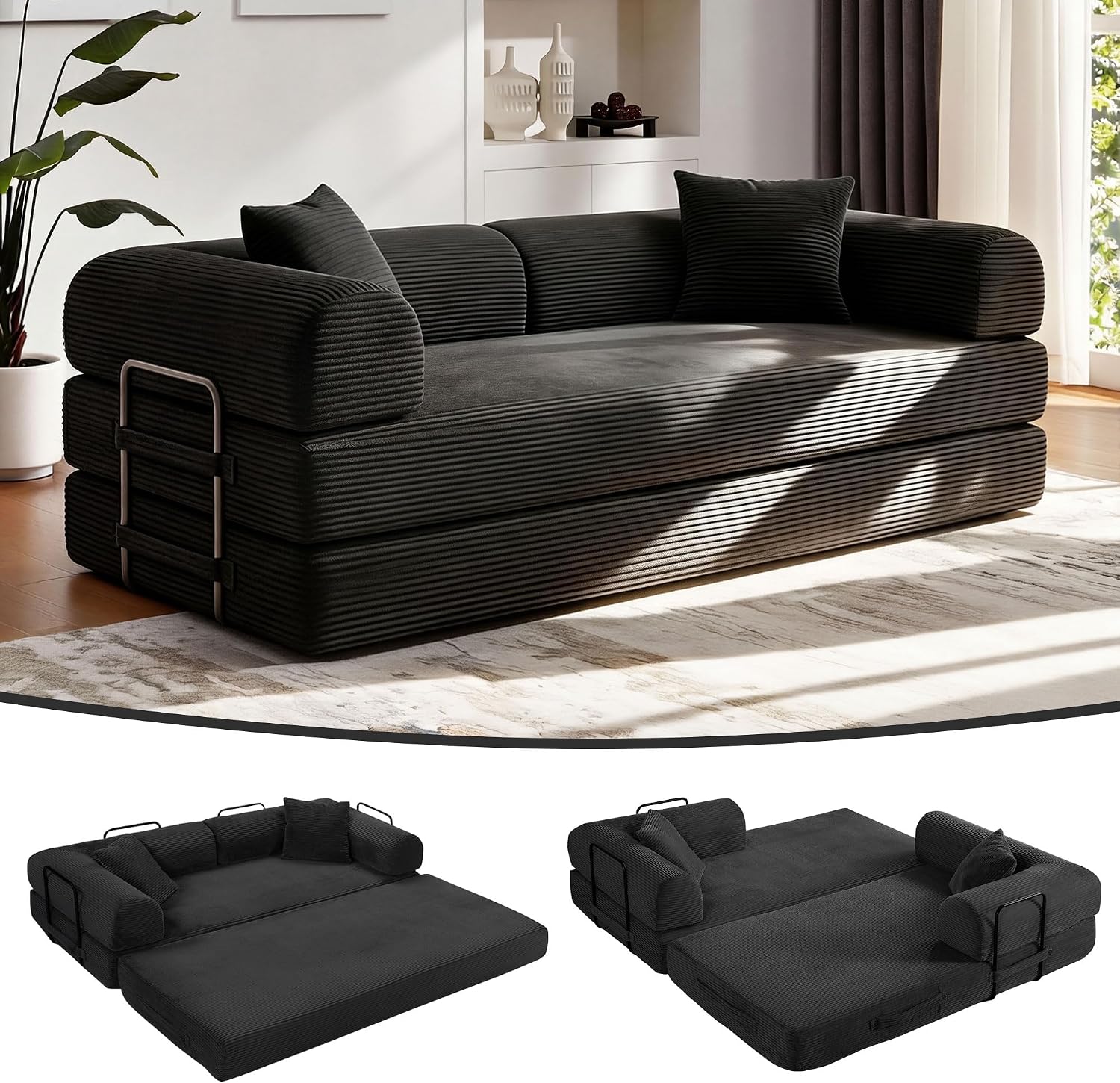 JJJ 78 inch Boneless Sofa Bed Sleeper Couch | Versatile Futon Sofa, Corduroy Fabric, Convertible Couch Bed, No Assembly