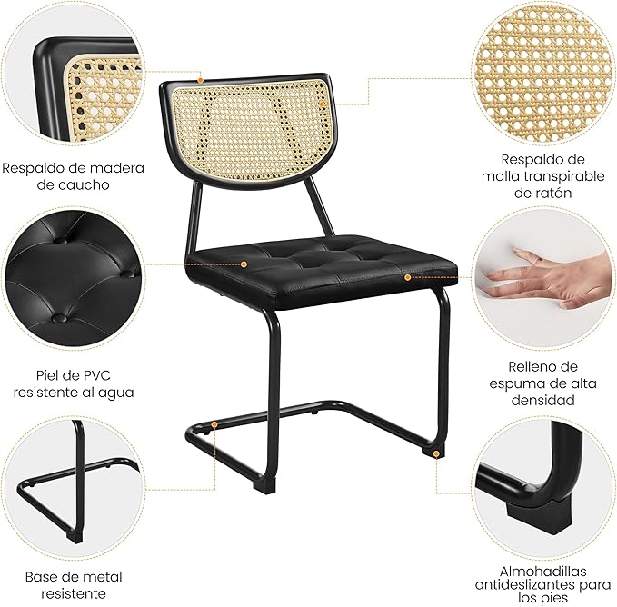 Yaheetech Rattan Dining Chairs Set of 2 Mid Century Modern Dining Room Chairs with Chrome Legs and Rattan Back for Home Kitchen, Faux Leather, Black