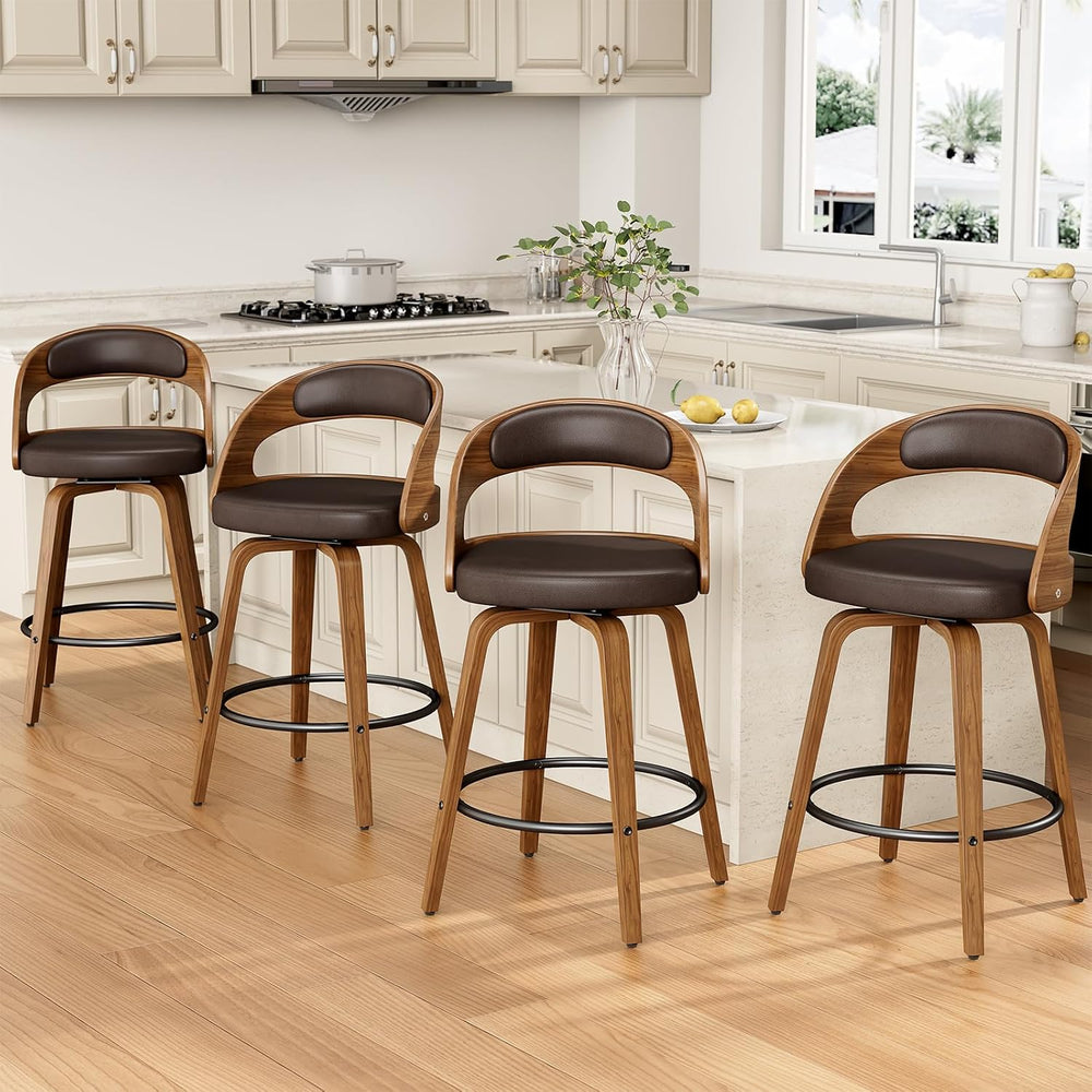 REONEY Swivel Bar Stools Set of 3, 26" Counter Height, Brown | Walnut Wo...