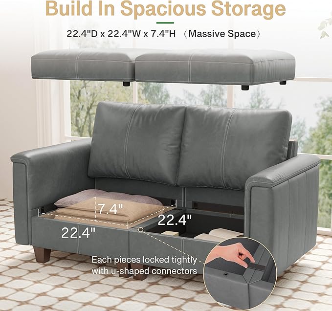 SITJOY 65" Faux Leather Modular Sectional Sofa with Storage, Mid Century Modern Sectional Couches for Living Room, Soft Padded Armrests, 4 Seat Couch Bed, Gray