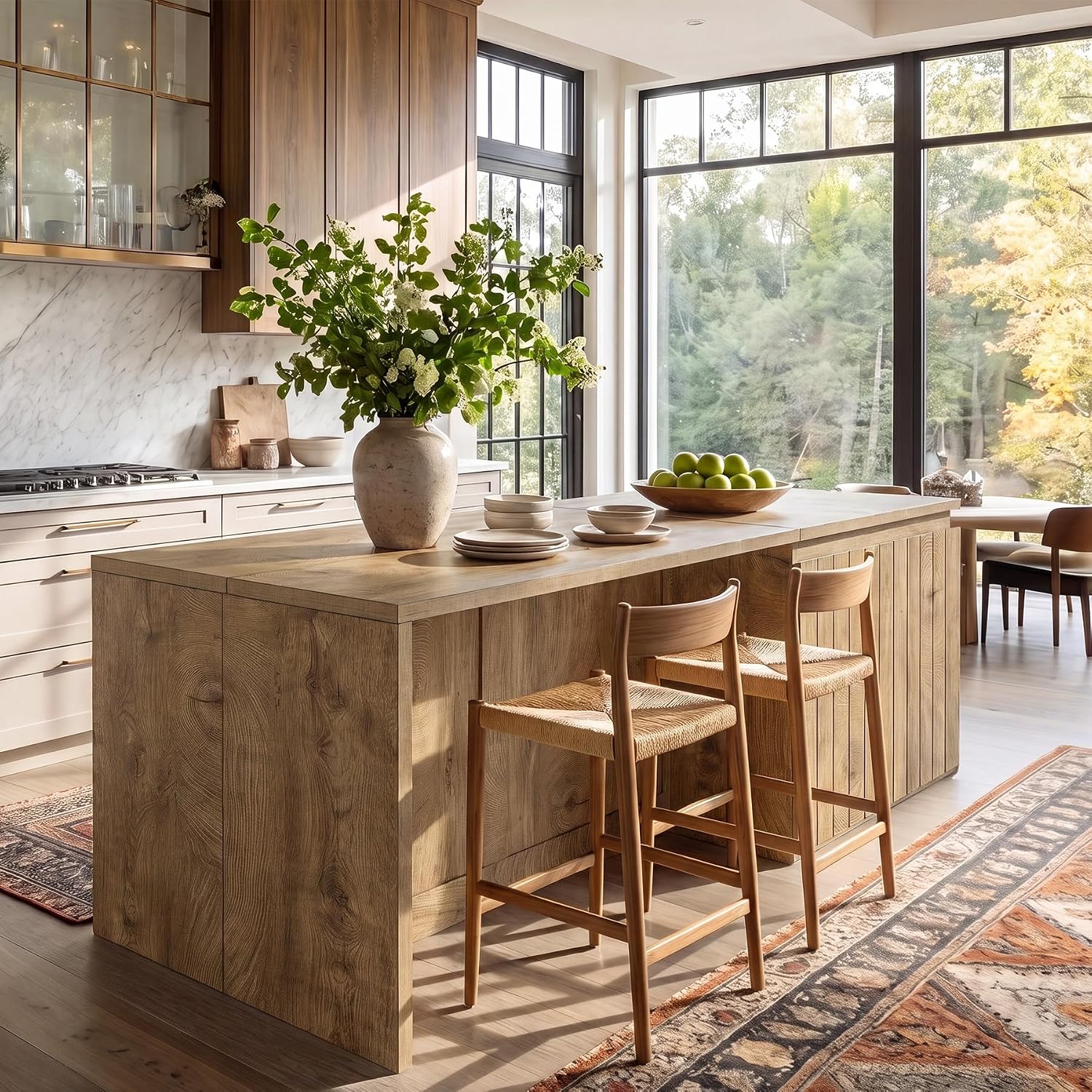 Tribesigns 71 Inch Stationery Kitchen Island with Double Door Storage Cabinet, 35.4" Counter Height Bar Table with Inner Shelves, Farmhouse Kitchen Work Island, Brown