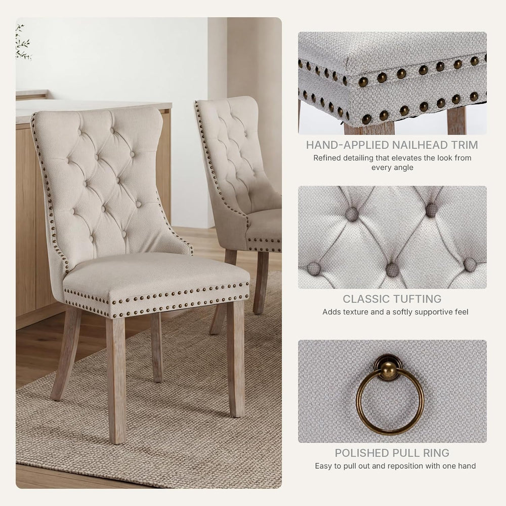 Beige Linen Dining Chairs Set of 4, Fabric Upholstered Kitchen & Dining R...