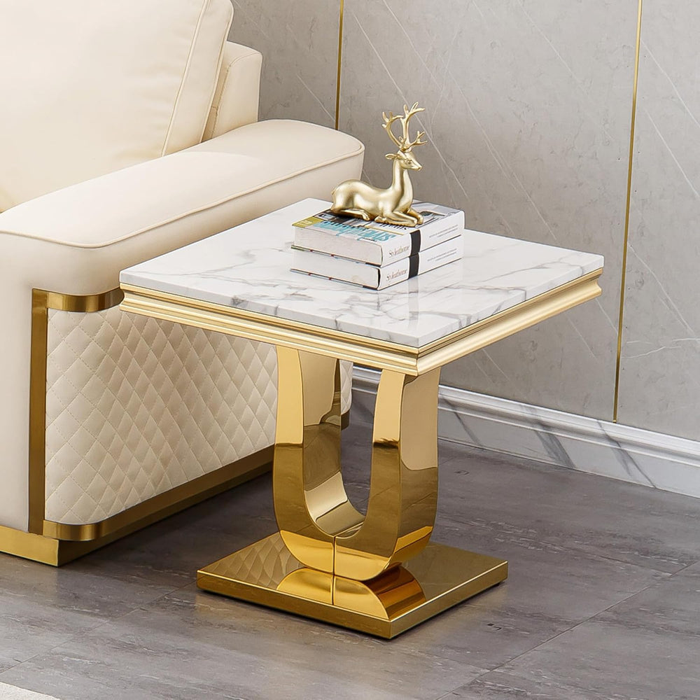 1 Piece Living Room End Table Luxury Faux Marble Sofa Side Table, Modern Whit...