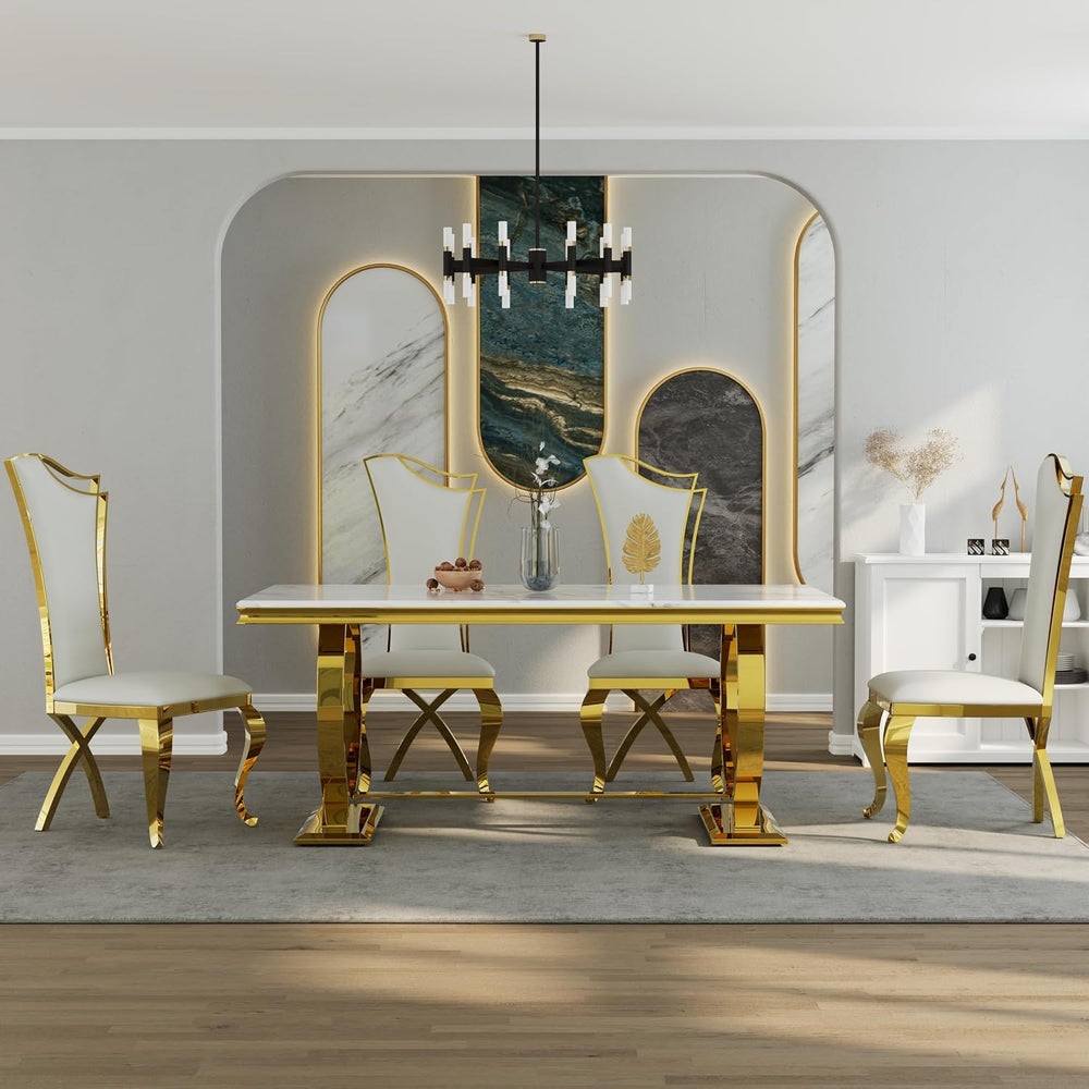 ACEDÉCOR 7 Piece Dining Table Set, Luxury White and Gold Kitchen and Dining R...