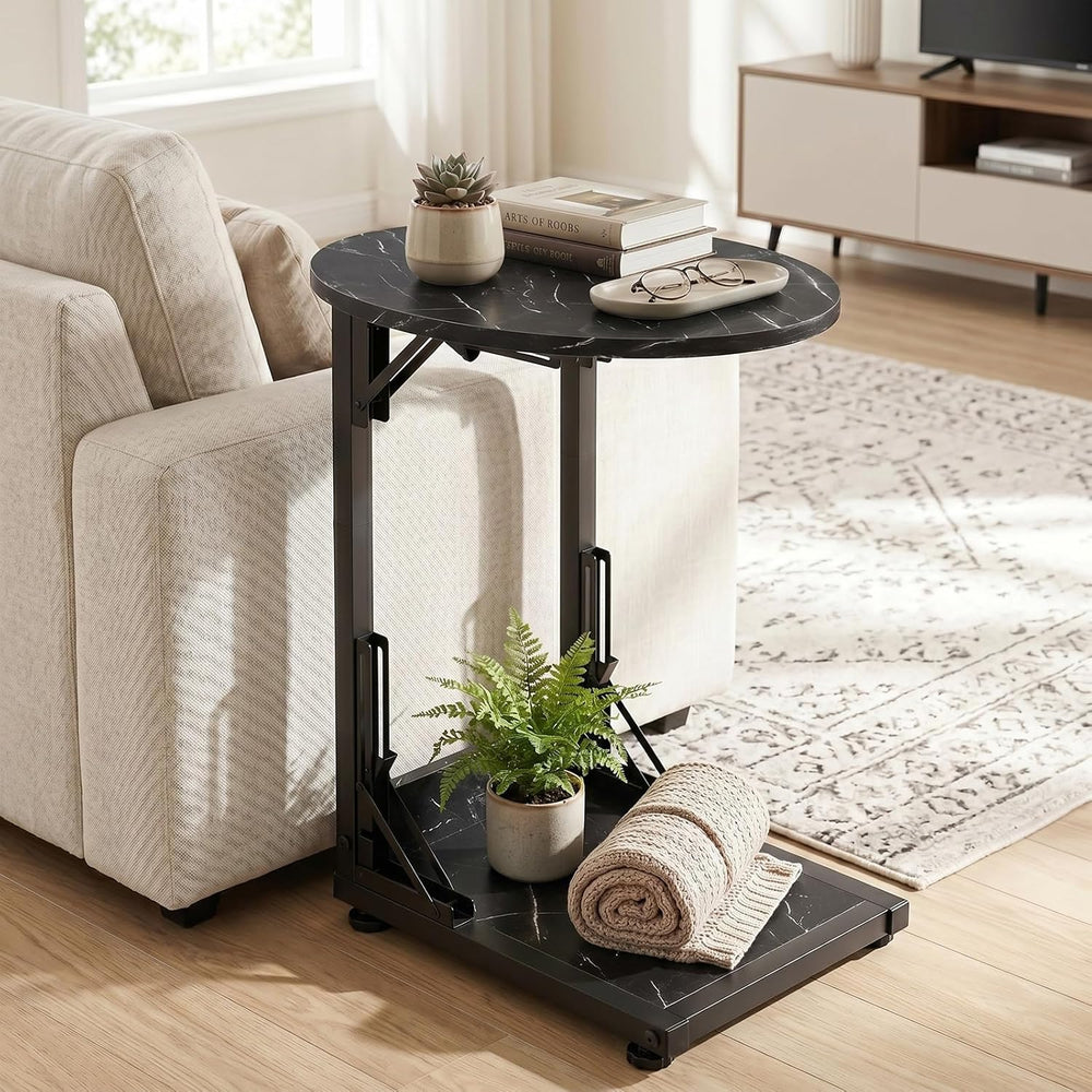 Folding Side Table, C Shaped End Table with Metal Frame, Round Couch Table &a...