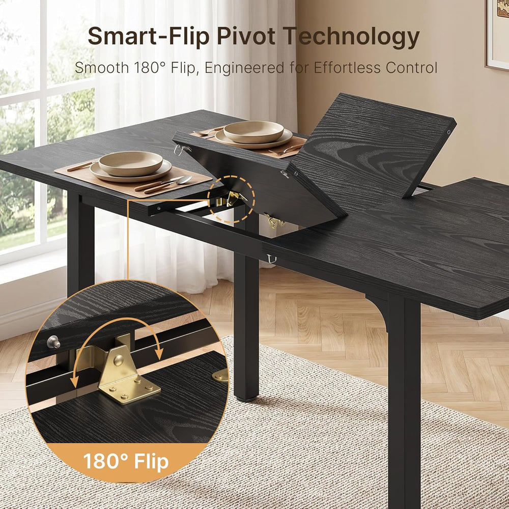 Ahomly 63“ Extendable Dining Table Set with 180° Smart-Flip Pivot, Black | Di...