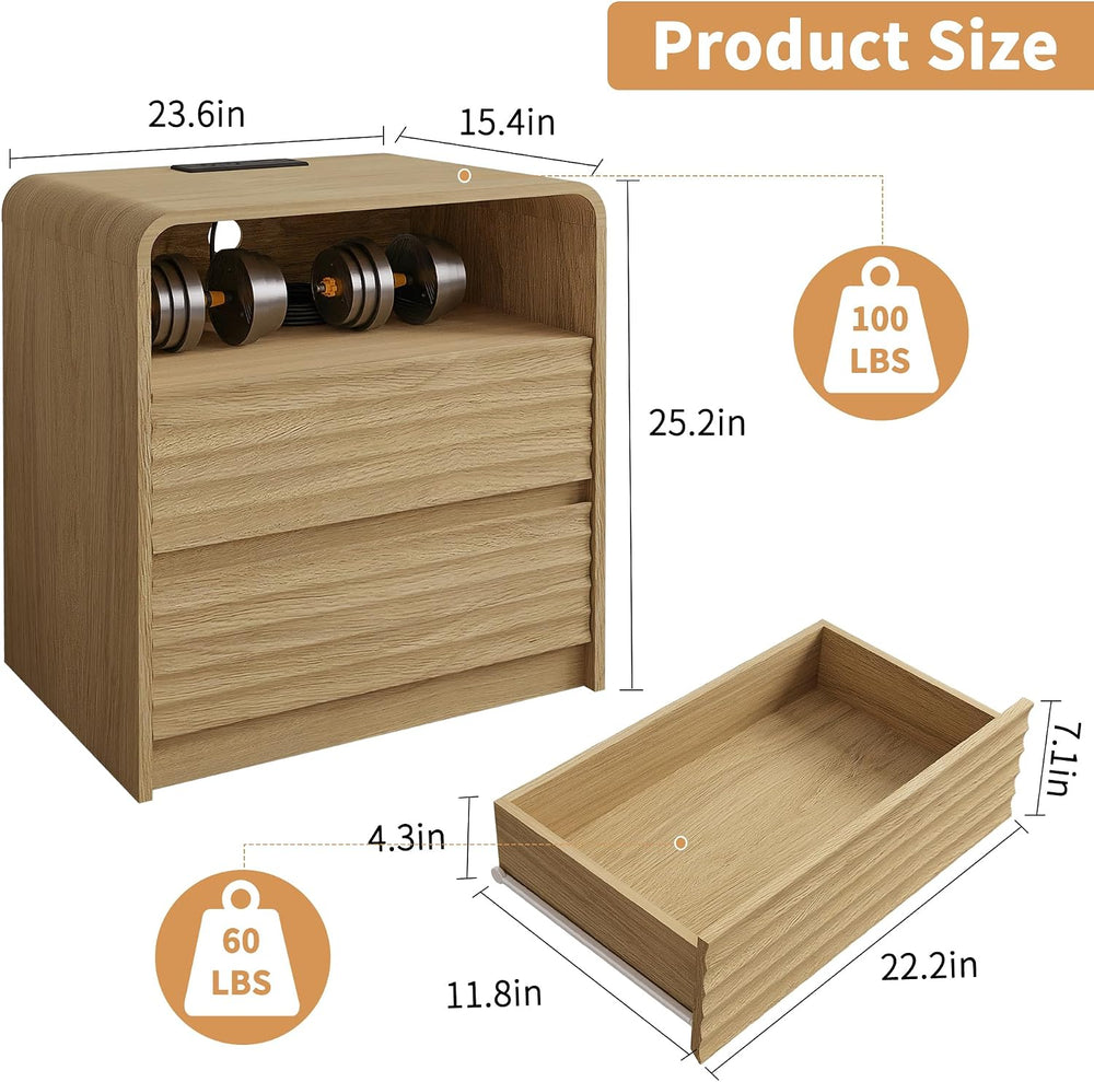 Fluted Nightstand with Charging Station, 23.6'' Wide Morden End Table...