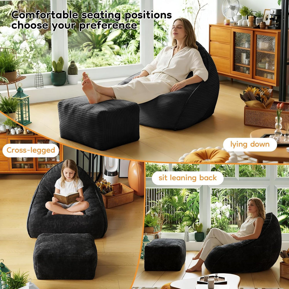 Cloud Large Bean Bag Chair with Ottoman, Corduroy Fabric+35D Memory Foam Big ...