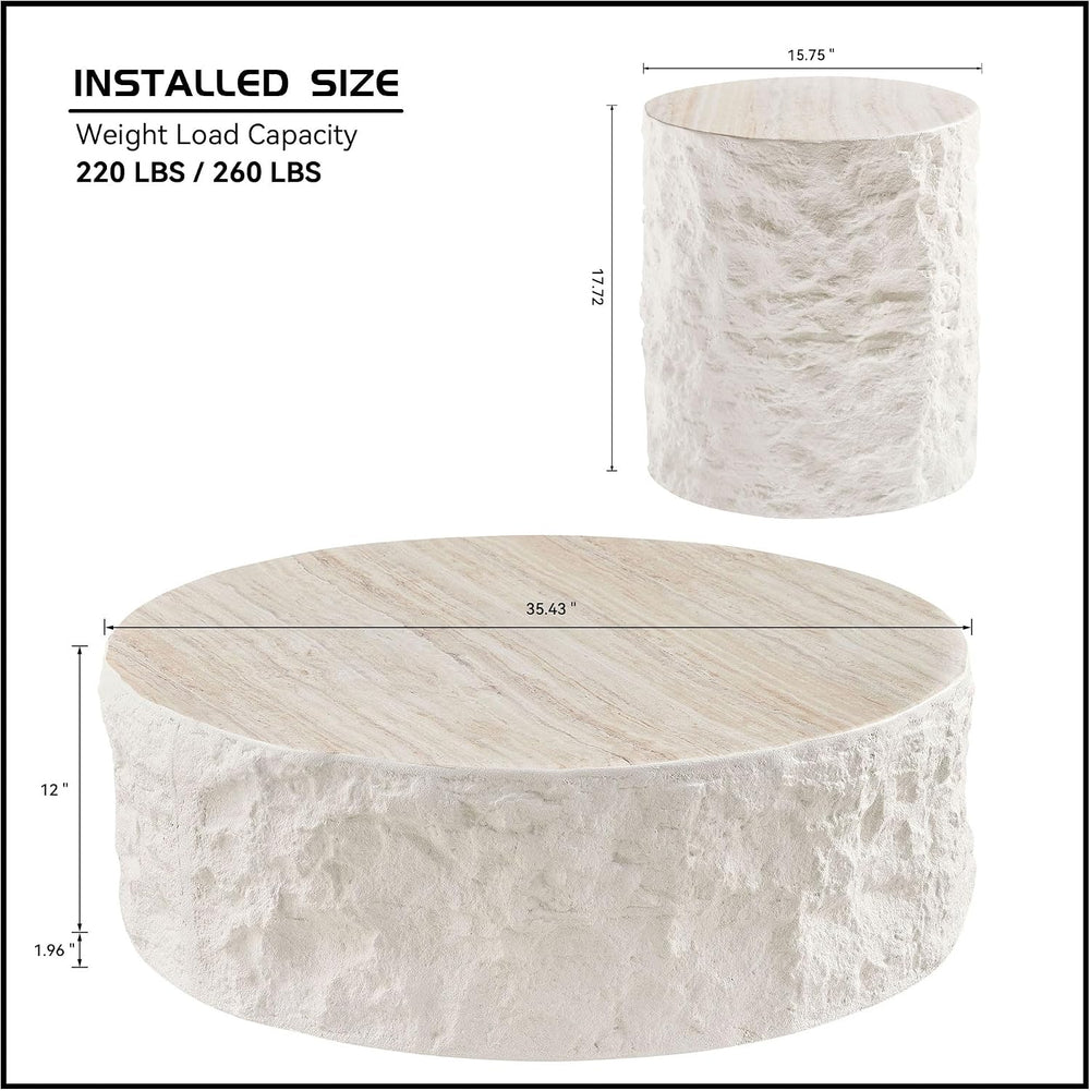 Fiberglass Round Coffee Table Set of Two, Living Room Vintage Design Faux Sto...
