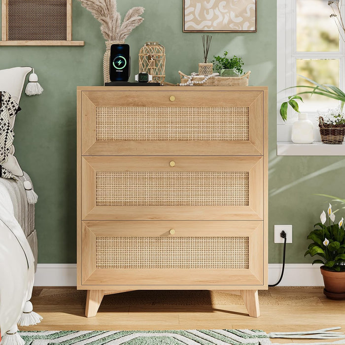 VIAGDO Rattan Nightstand Set of 2 with Charging Station, Natural Rattan Night Stand with 3 Large Wicker Decorated Drawers, Boho Bedside Table, End Side Table, 3 Drawer Dresser for Bedroom
