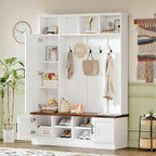 4-in-1 Hall Tree with Bench and Shoe Storage, Multi-functional Entryway Bench with Coat Rack, Storage Shelves, Shoe Cubbies, Adjustable Shelves, and 6 Hooks for Entryway, Hallway, White