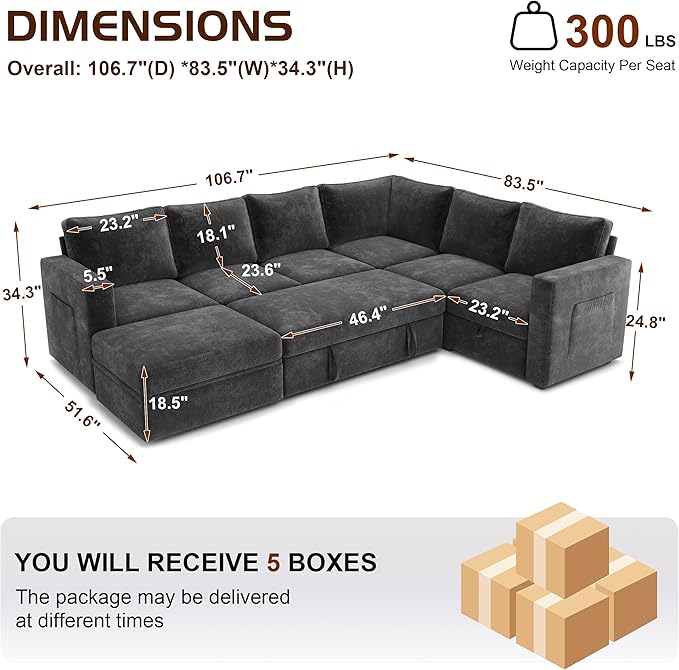 106.7" Sectional Sleeper Sofa with Pull Out Couch, Modern 7 Seat U Shaped Modular Couch, Sectionals Modular Sofa with Storage, Comfy Sectional Couches for Living Room & Apartment, Dark Gray