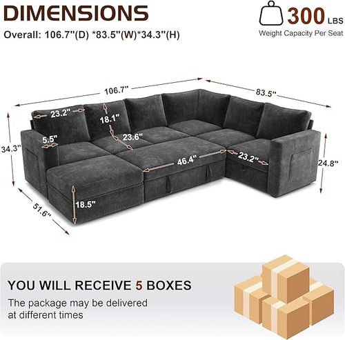 106.7" Sectional Sleeper Sofa with Pull Out Couch, Modern 7 Seat U Shaped Modular Couch, Sectionals Modular Sofa with Storage, Comfy Sectional Couches for Living Room & Apartment, Dark Gray